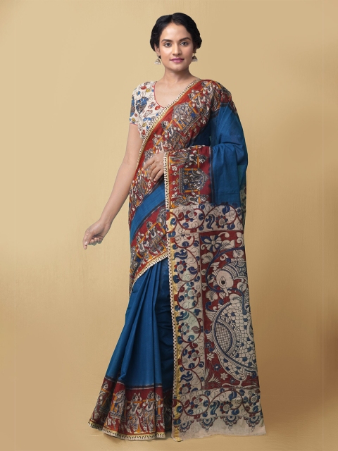 

Unnati Silks Blue & Off White Kalamkari Pure Cotton Kanjeevaram Saree