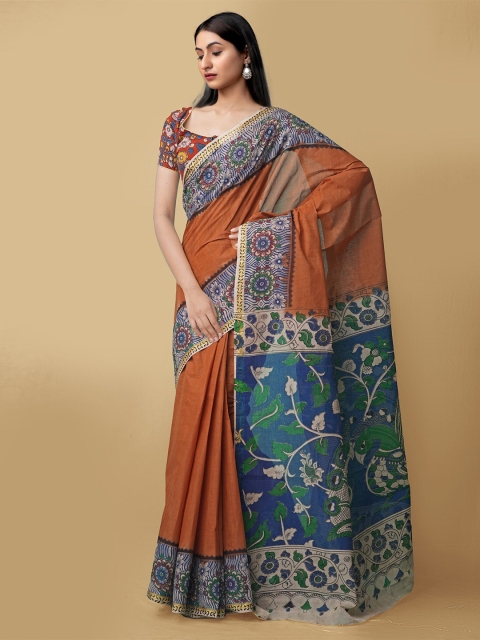 

Unnati Silks Brown & White Kalamkari Pure Cotton Kanjeevaram Saree