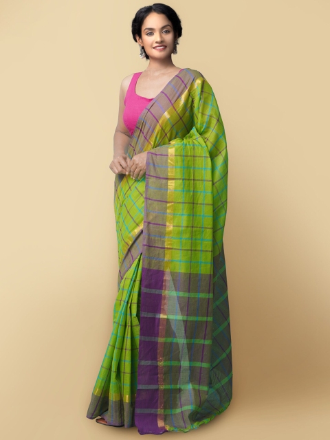 

Unnati Silks Green & Purple Checked Zari Pure Cotton Mangalagiri Saree