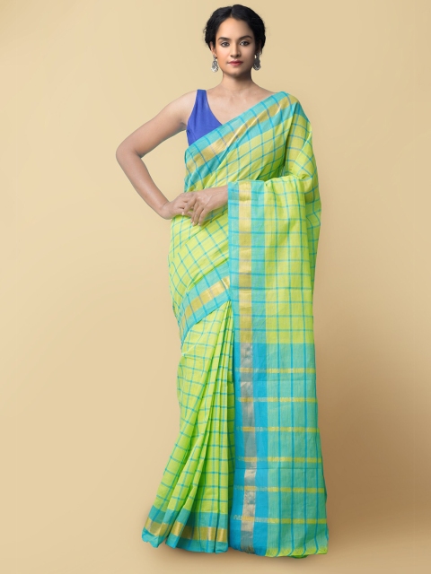 

Unnati Silks Lime Green & Turquoise Blue Checked Zari Pure Cotton Mangalagiri Saree