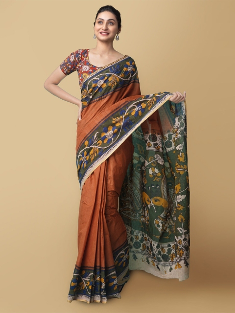 

Unnati Silks Brown & Yellow Kalamkari Pure Cotton Kanjeevaram Saree