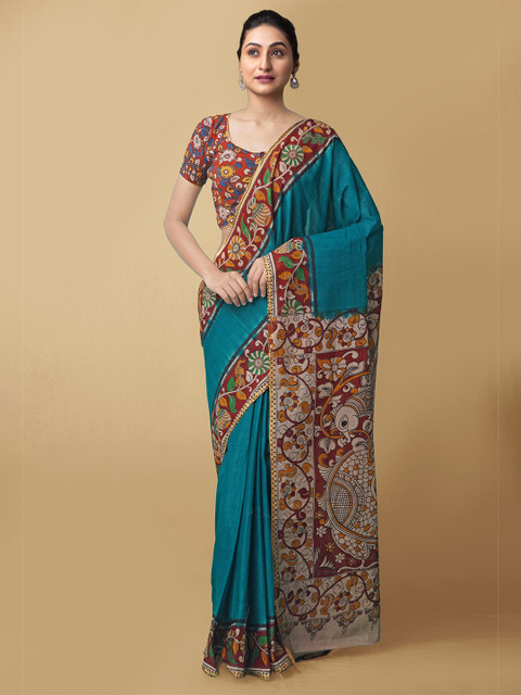 

Unnati Silks Teal & Red Kalamkari Pure Cotton Kanjeevaram Saree