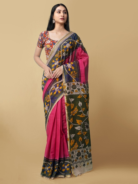 

Unnati Silks Pink & Olive Green Kalamkari Pure Cotton Kanjeevaram Saree