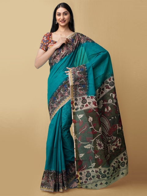 

Unnati Silks Green & Blue Kalamkari Pure Cotton Kanjeevaram Saree