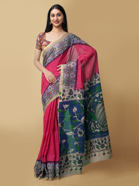

Unnati Silks Pink & Blue Kalamkari Pure Cotton Kanjeevaram Saree