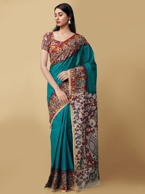 

Unnati Silks Teal & Red Kalamkari Pure Cotton Kanjeevaram Saree