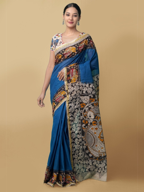 

Unnati Silks Blue & White Kalamkari Pure Cotton Kanjeevaram Saree
