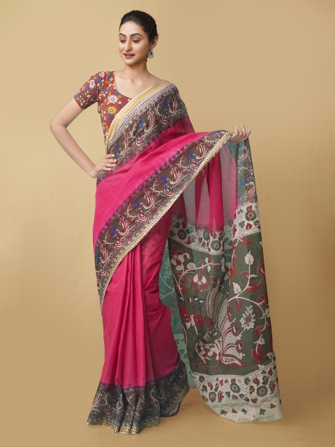 

Unnati Silks Pink & Red Kalamkari Pure Cotton Kanjeevaram Saree