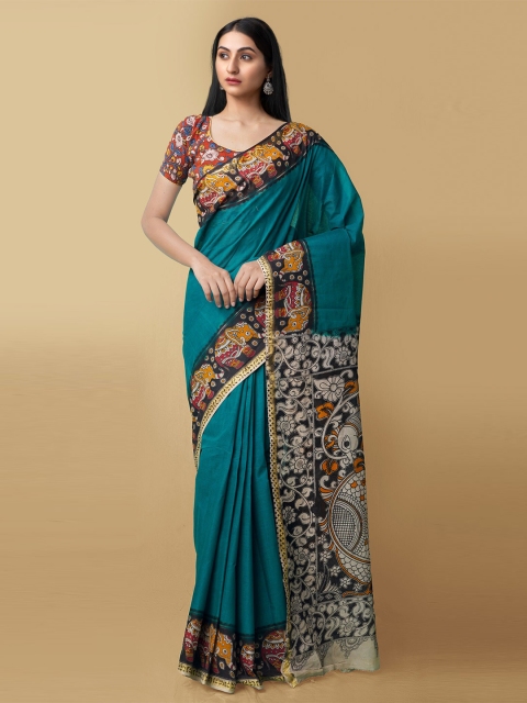 

Unnati Silks Teal & White Kalamkari Pure Cotton Kanjeevaram Saree