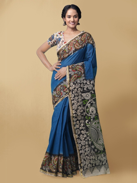 

Unnati Silks Blue & White Kalamkari Pure Cotton Kanjeevaram Saree