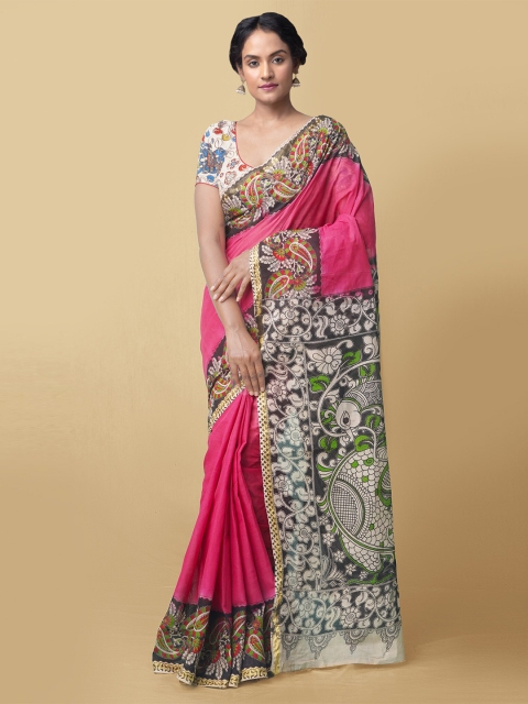 

Unnati Silks Pink & White Kalamkari Pure Cotton Kanjeevaram Saree