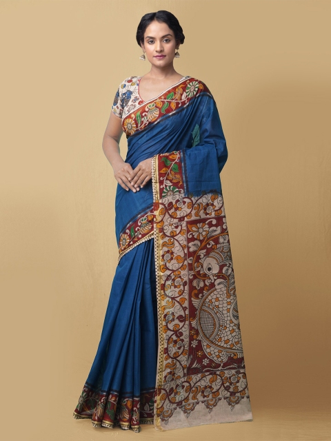 

Unnati Silks Blue & Brown Kalamkari Pure Cotton Kanjeevaram Saree