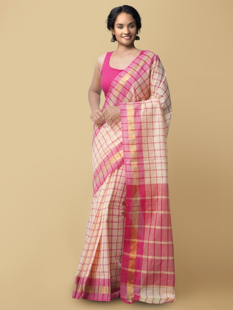 

Unnati Silks Cream-Coloured & Pink Checked Zari Pure Cotton Mangalagiri Saree
