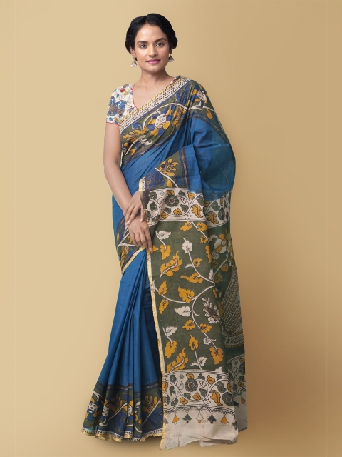 

Unnati Silks Blue & Mustard Kalamkari Pure Cotton Kanjeevaram Saree