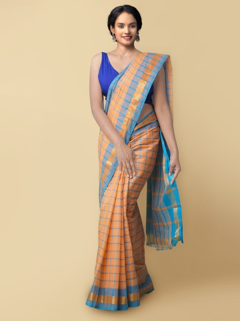 

Unnati Silks Coral & Blue Woven Design Pure Cotton Mangalagiri Saree