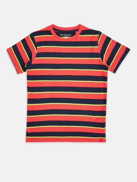 

Pantaloons Junior Boys Red Navy Blue Striped Cotton Pure Cotton T-shirt