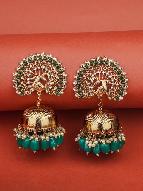 

Queen Be Green & Gold-Toned Peacock Shaped Jhumkas Earrings