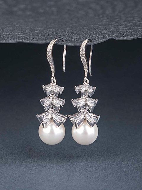 

Queen Be Silver-Toned & White Contemporary Drop Earrings