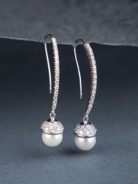 

Queen Be Silver-Toned & White Contemporary Drop Earrings