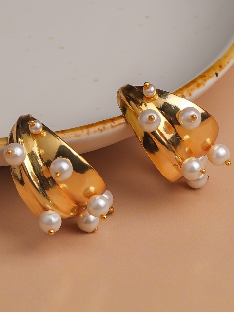 

Queen Be Gold-Toned & White Pearls Beaded Half Hoop Earrings