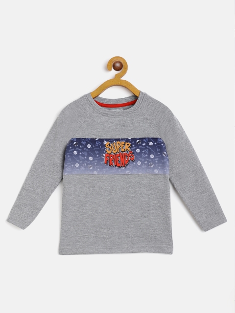 

Eteenz Boys Grey Melange & Navy Blue Superheroes Typography Print Pure Cotton T-shirt