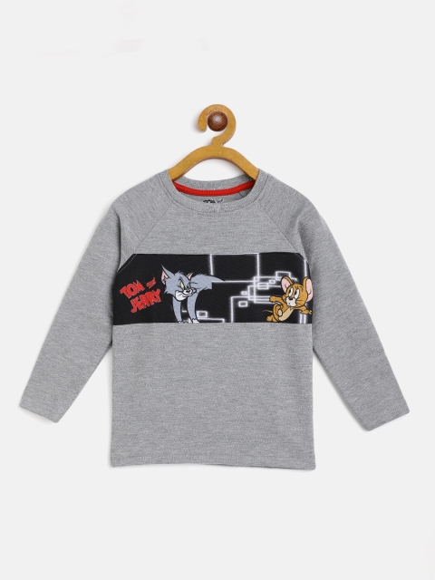 

Eteenz Boys Grey Melange & Black Tom & Jerry Typography Print Pure Cotton T-shirt