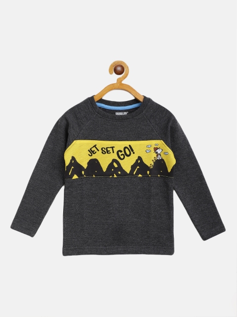

Eteenz Boys Charcoal Grey & Mustard Yellow Snoopy Typography Print Pure Cotton T-shirt
