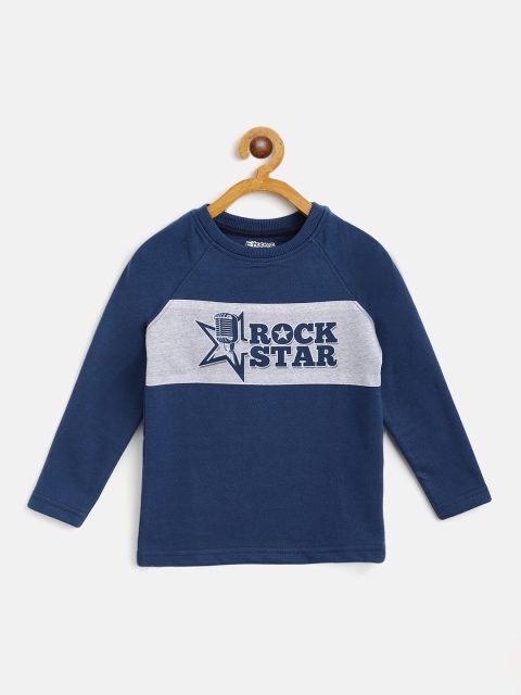 

Eteenz Boys Blue & Grey Melange Typography Print Pure Cotton T-shirt