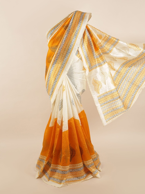 

Pothys Cream-Coloured & Mustard Floral Printed Saree