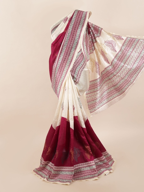

Pothys Cream-Coloured & Maroon Floral Printed Saree