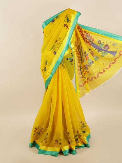 

Pothys Yellow & Blue Warli Printed Cotton Blend Saree