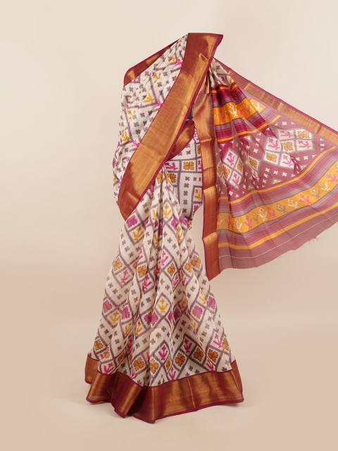 

Pothys Cream-Coloured & Pink Floral Printed Zari Saree