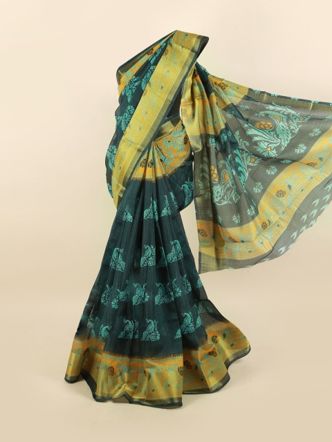 

Pothys Teal & Yellow Ethnic Motifs Zari Border Saree