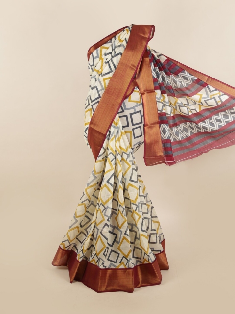 

Pothys Cream-Coloured & Red Printed Zari Border Saree