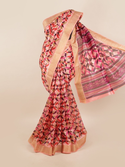 

Pothys Peach-Coloured & Red Zari Border Saree