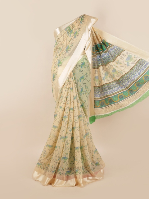

Pothys Cream-Coloured & Green Floral Printed Saree
