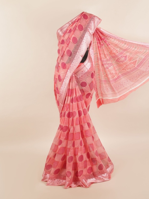 

Pothys Pink & Silver-Toned Polka Dots Printed Saree