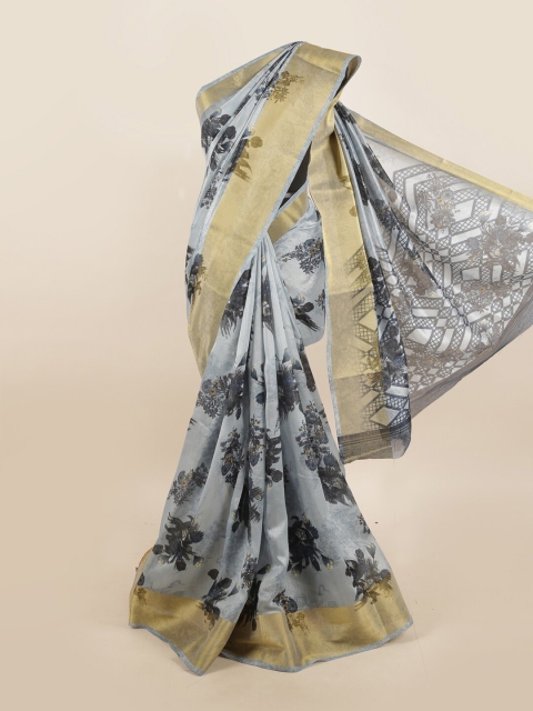 

Pothys Grey & Gold-Toned Floral Printed Zari Border Saree