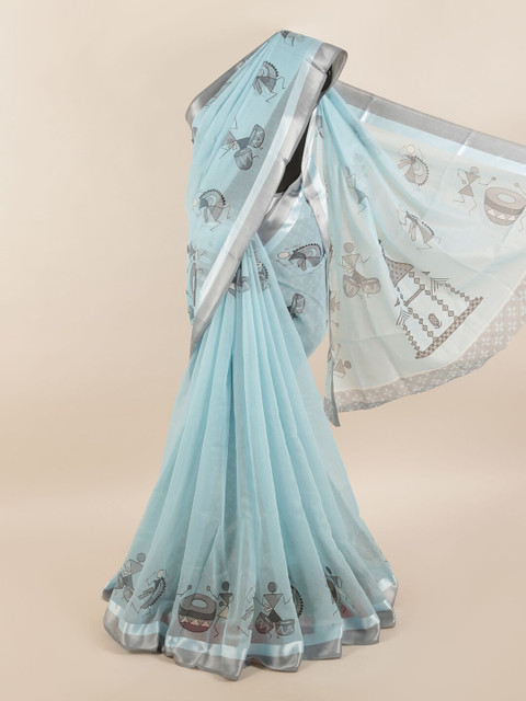 

Pothys Turquoise Blue & Grey Warli Printed Saree