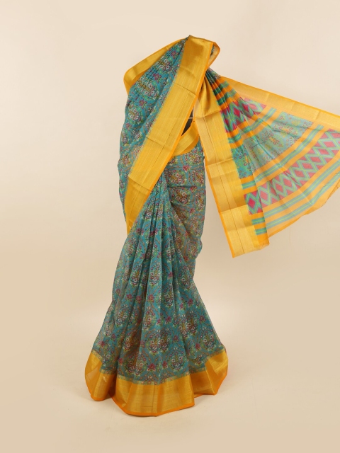 

Pothys Teal & Multicoloured Floral Printed Zari Border Saree