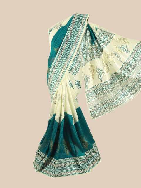 

Pothys Cream-Coloured & Green Floral Printed Saree
