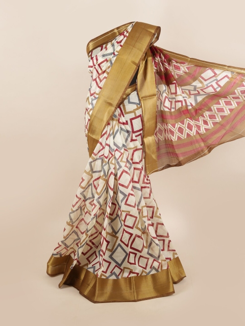 

Pothys Cream-Coloured & Brown Zari Border Saree