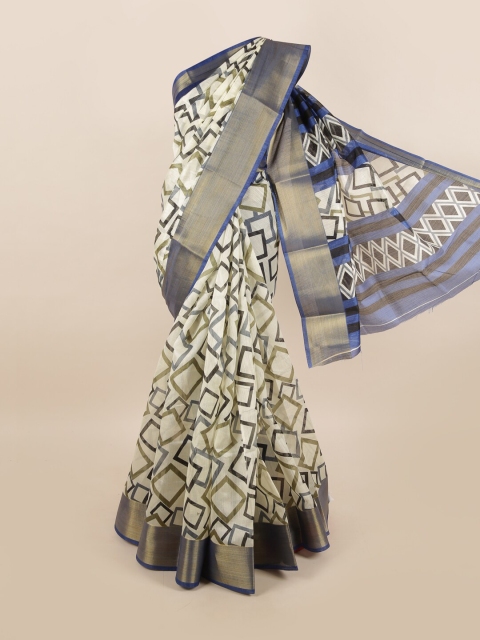 

Pothys Cream-Coloured & Blue Zari Border Saree