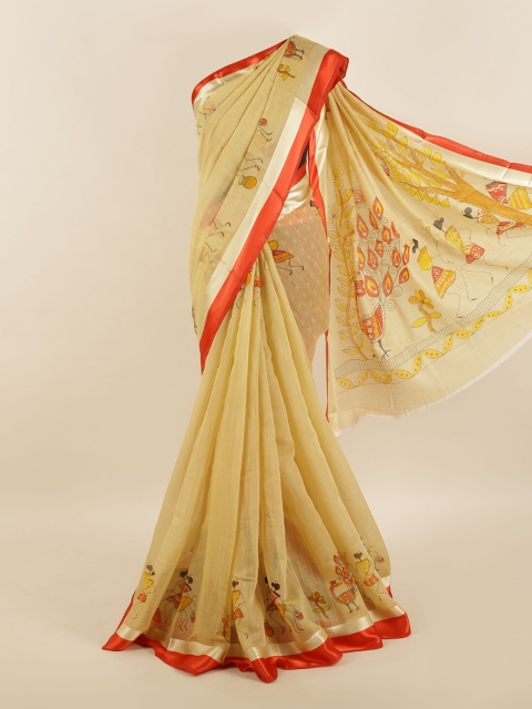 

Pothys Women Cream-Coloured & Orange Cotton Blend Warli Printed Saree
