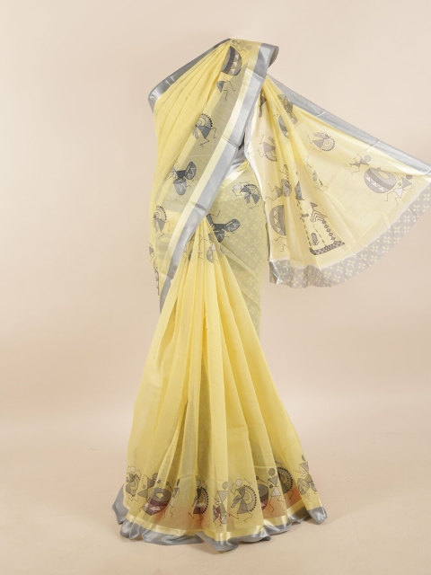 

Pothys Yellow & Grey Cotton Blend Warli Printed Saree