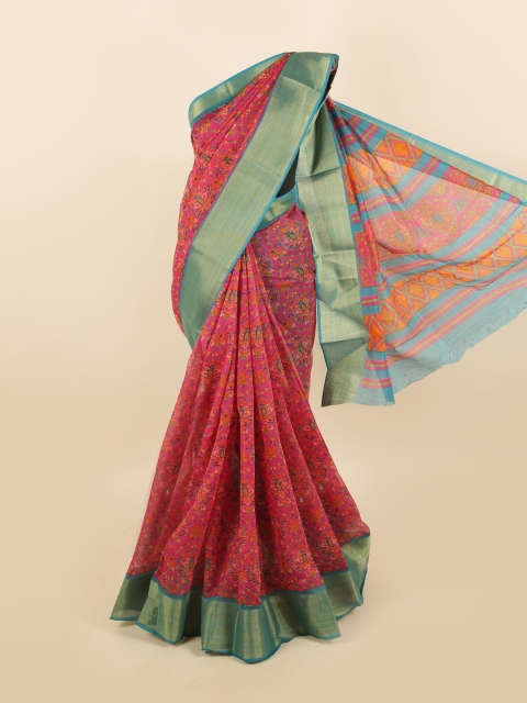 

Pothys Pink & Blue Cotton Blend Floral Printed Saree