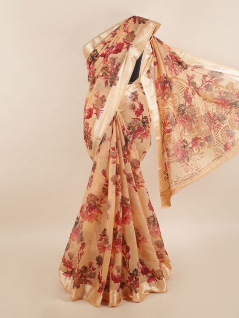 

Pothys Peach-Coloured & Red Cotton Blend Floral Printed Saree