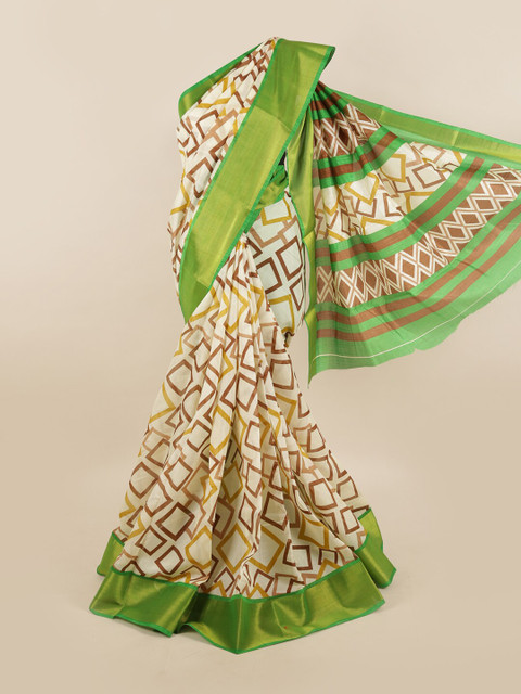 

Pothys Cream-Coloured & Green Cotton Blend Geometric Printed Saree