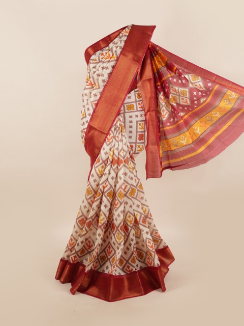 

Pothys Cream-Coloured & Red Cotton Blend Geometric Printed Saree