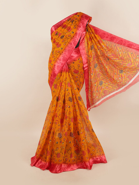 

Pothys Orange & Pink Cotton Blend Floral Printed Saree